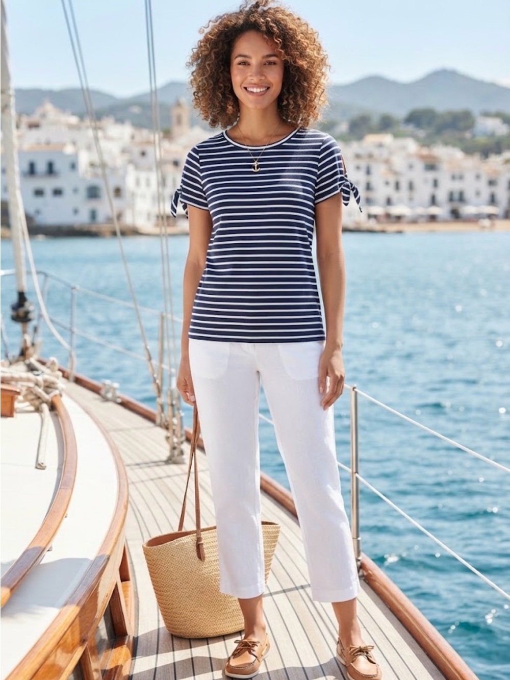 Nautica Striped Tie Sleeve Nautica Cotton Crewneck Top XL Preppy Coastal Chic